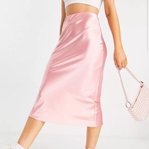 ASOS Design Satin Bias Midi Slip Skirt in Rose Pink